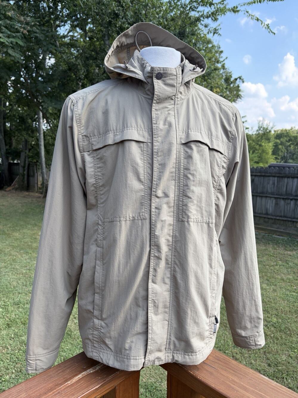 REI Men’s XL Hooded Jacket Khaki Pockets Outdoors Hiking Nylon